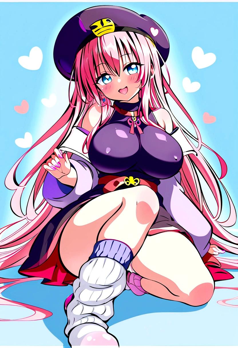 To Love-Ru、Purple off-the-shoulder mini skirt dress、Pink Hair、Big Breasts、White panties、Light purple loose socks、Provocative look、Raw thighs、Light blue eyes、Band on right thigh