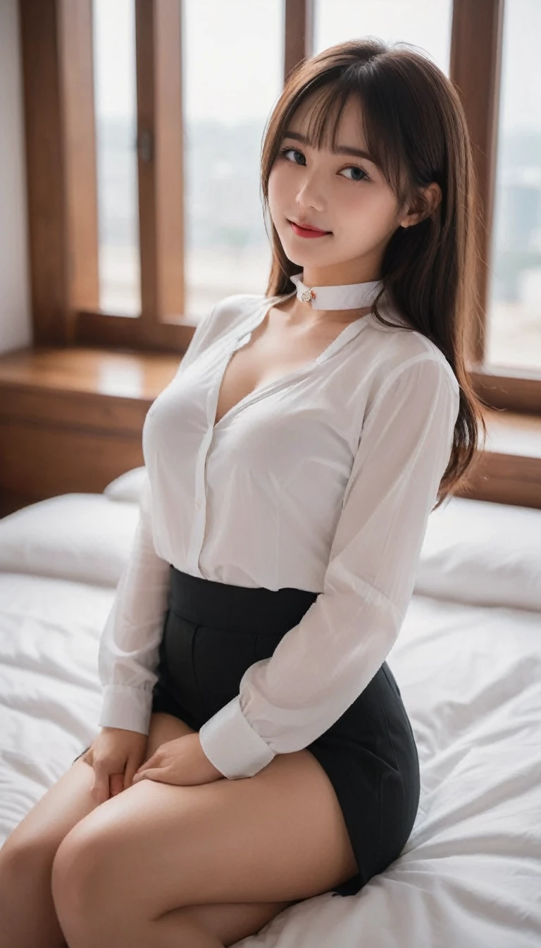 ((highest quality、In 8K、masterpiece:1.3))、1 girl、smile、Vivid skin、upper bust、big breasts:1.2、 slim face、Beautiful woman、(black brown hair)、high neck white shirt、choker necklace, fine eyes、double eyelid、blurred background、slim face、room、sitting on the bed、Self snap