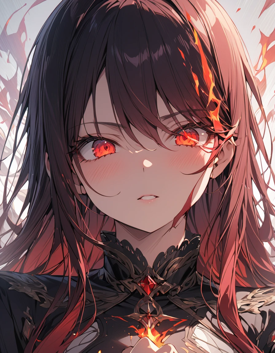 masterpiece　Detailed description　A woman with very long red hair　Very intense flames all over　Spell　
