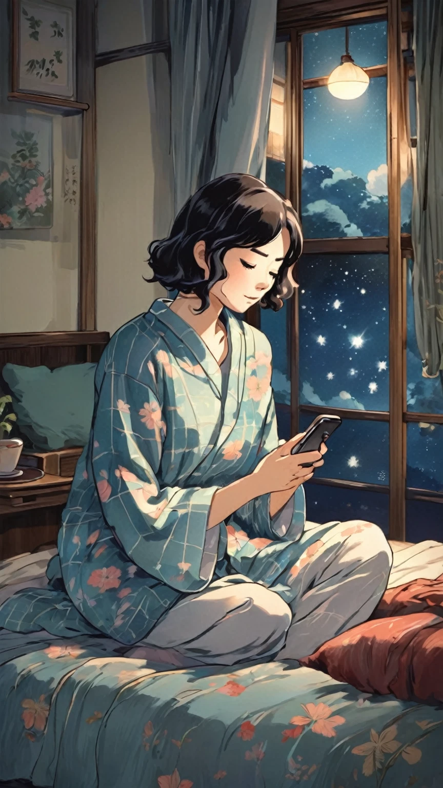 Ghibli style、A woman in pajamas having mental rest is sitting on her bed at night and looking at her smartphone