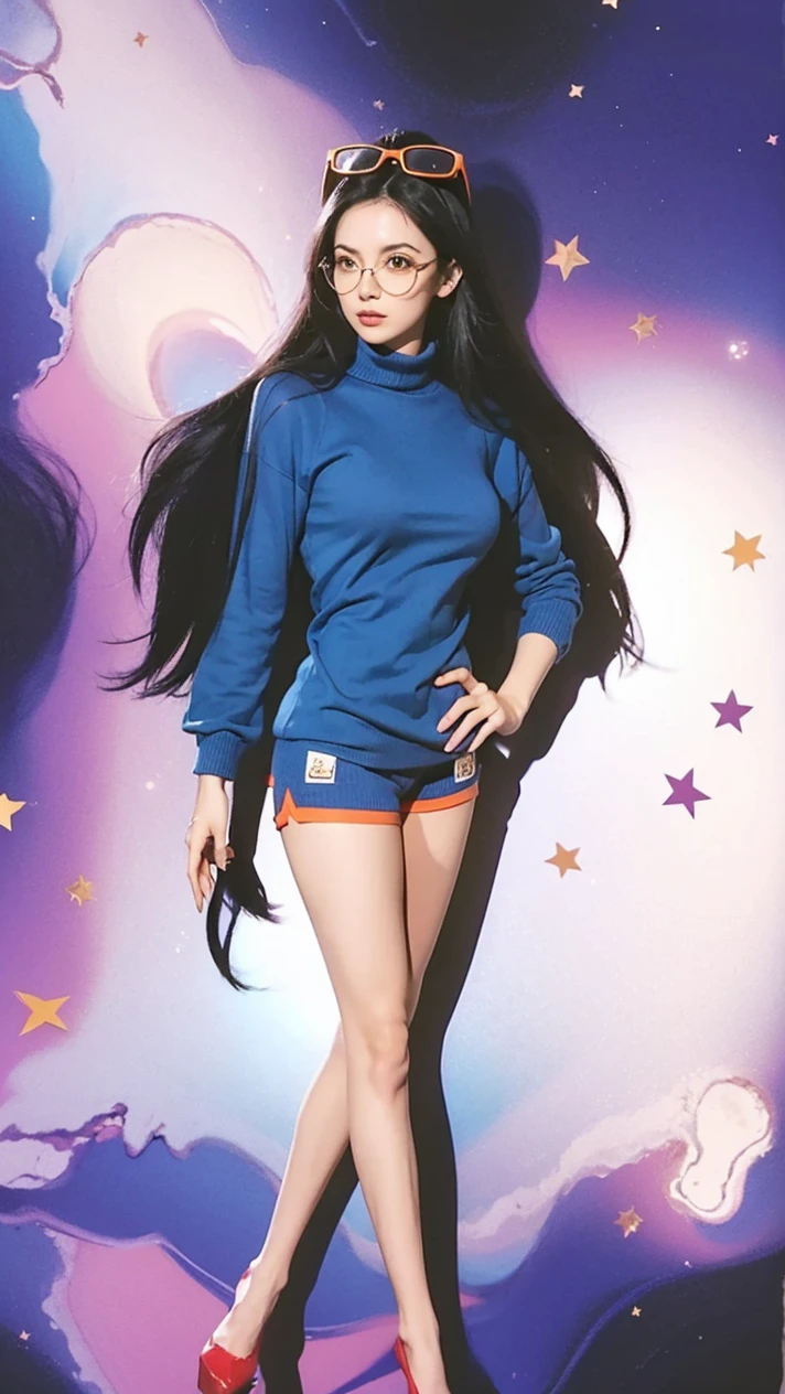 Beautiful girl Realistic Nico Robin, blue sweater up to his thighs covering his shorts, black hair, orange glasses on top of his head, standing crossed legs.