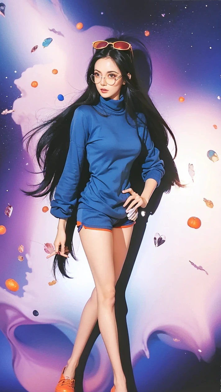 Beautiful girl Realistic Nico Robin, blue sweater up to his thighs covering his shorts, black hair, orange glasses on top of his head, standing crossed legs. 