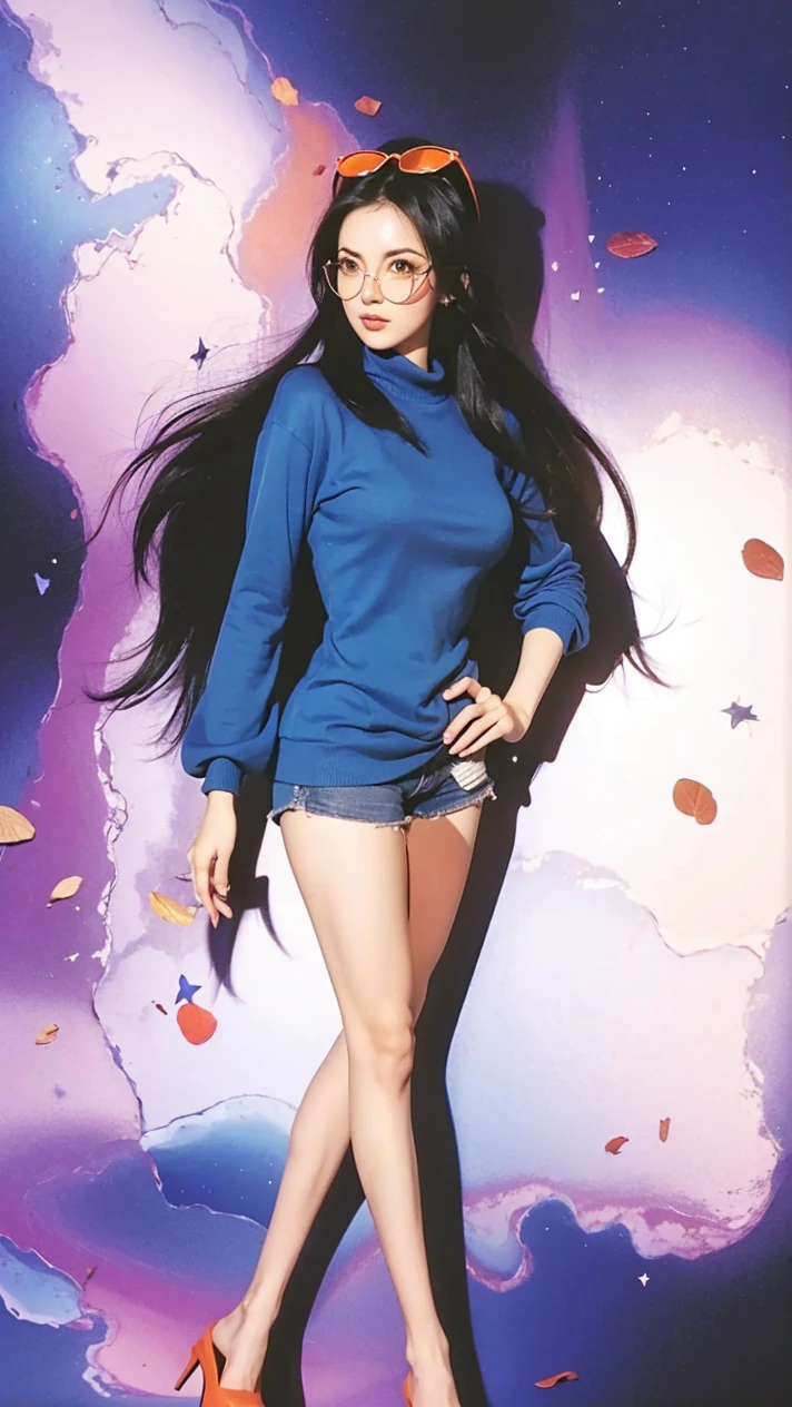 Beautiful girl Realistic Nico Robin, blue sweater up to his thighs covering his shorts, black hair, orange glasses on top of his head, standing crossed legs.
