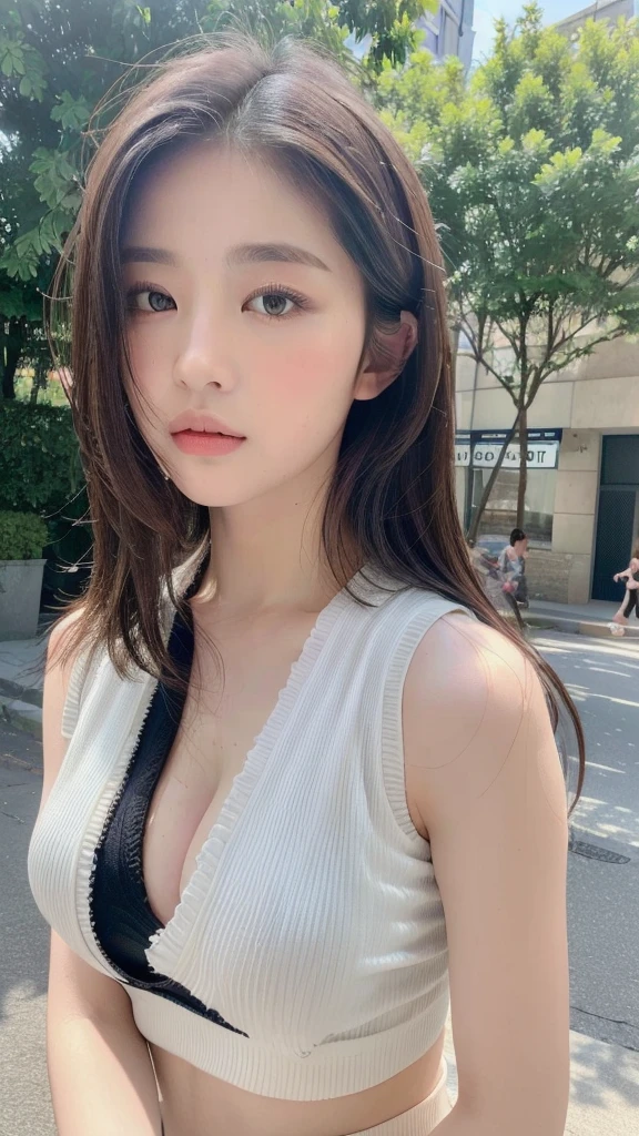 ((best quality, 8K, masterpiece :1.3)), Clear focus :1.2, Beautiful woman with perfect body :1.4, Slim abdominal muscles :1.2, ((Layered Hairstyle, Large Breasts :1.2)), (Vest Shirt :1.1), (street :1.2), Highly detailed face and skin textures, Delicate eyes, Double eyelids