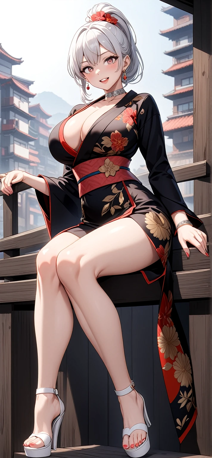 ((One personの女性)), Beautiful Face, full body, (Laughing embarrassedly), (laugh:1.2),((Wink:1.7)), (head tilt:1.3), Laugh with your mouth wide open, upper teeth, looking down at viewer, ((Bright red cheeks:1.4)),Glossy Red Lips,rooftop, firework, Glossy red lips, Shining Face, ((Anime style background)),masterpiece, Highest quality, so beautiful,up to date, Complex details, (Pink long nails),(ring),(bracelet),(Floral choker),AI-generated, Complex,High resolution, Highest quality, super high quality,3D Images、3D Images,One person,Long white hair,High Ponytail, Anime woman posing for a photo,(blue eyes), ((Fine grain、Silvery white, lightly pigmented eyes、Shining Eyes:1.4)), (Squint your eyes:1.1), a hyperRealistic , hyperRealistic , Realistic,Anime woman with long white hair, Smooth anime CG art, A woman in a colorful kimono with gold embroidery, (Black long sleeve kimono),Red floral pattern,(black high heel sandals), Long flower hair ornament,Earrings,Mature Body,(Big Breasts:1.1),Tall,Abdominal muscles,Tight waist,((crossed legs)),
