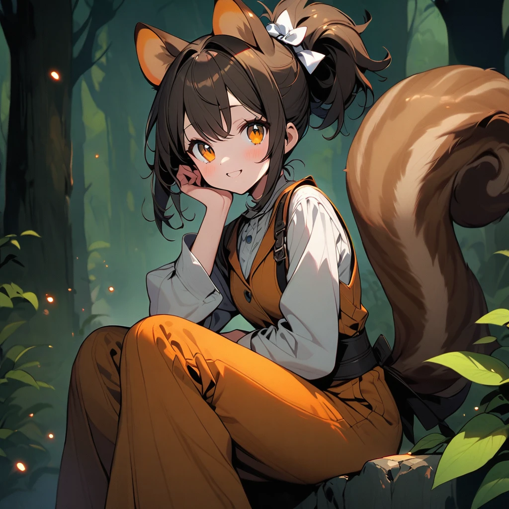 (well done:1woman, squirrel ears and tail, hair to the middle of her back orange with white tips with a small ponytail holding her hair, wears a white bow on her head, honey colored eyes, wears a brown jumpsuit, white shirt underneath, pants brown.  sitting on a rock in a forest