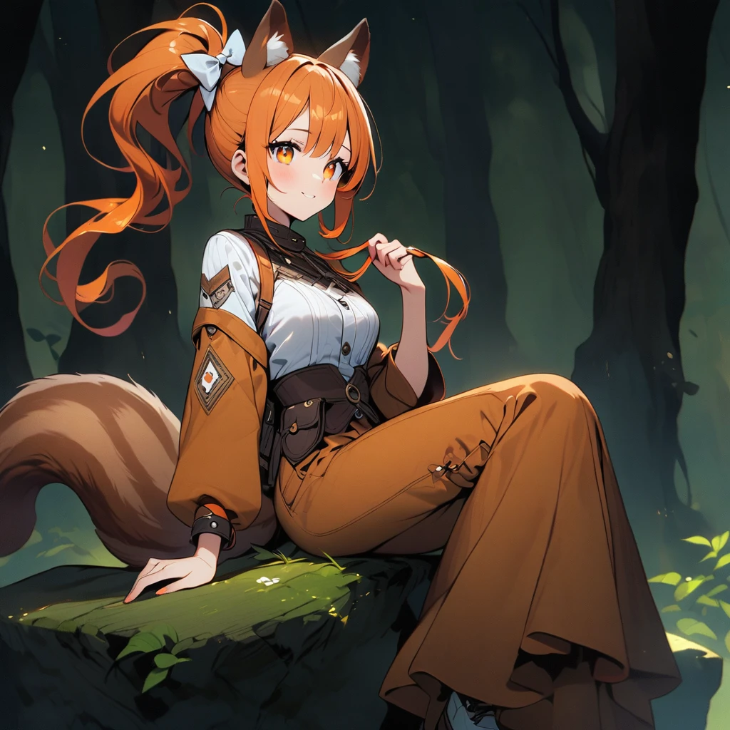 (well done:1woman, squirrel ears and tail, hair to the middle of her back orange with white tips with a small ponytail holding her hair, wears a white bow on her head, honey colored eyes, wears a brown jumpsuit, white shirt underneath, pants brown.  sitting on a rock in a forest