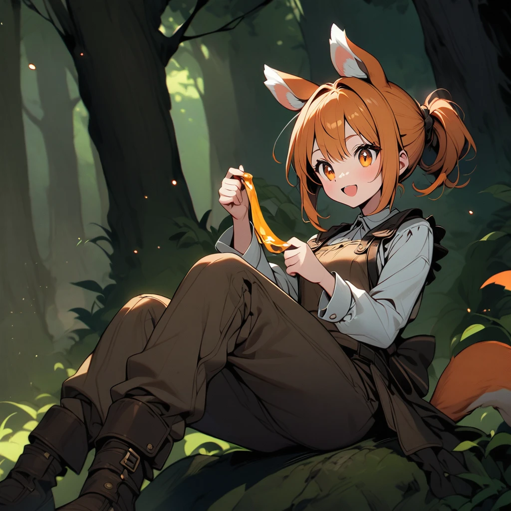 (well done:1woman, squirrel ears and tail, hair to the middle of her back orange with white tips with a small ponytail holding her hair, wears a white bow on her head, honey colored eyes, wears a brown jumpsuit, white shirt underneath, pants brown.  sitting on a rock in a forest