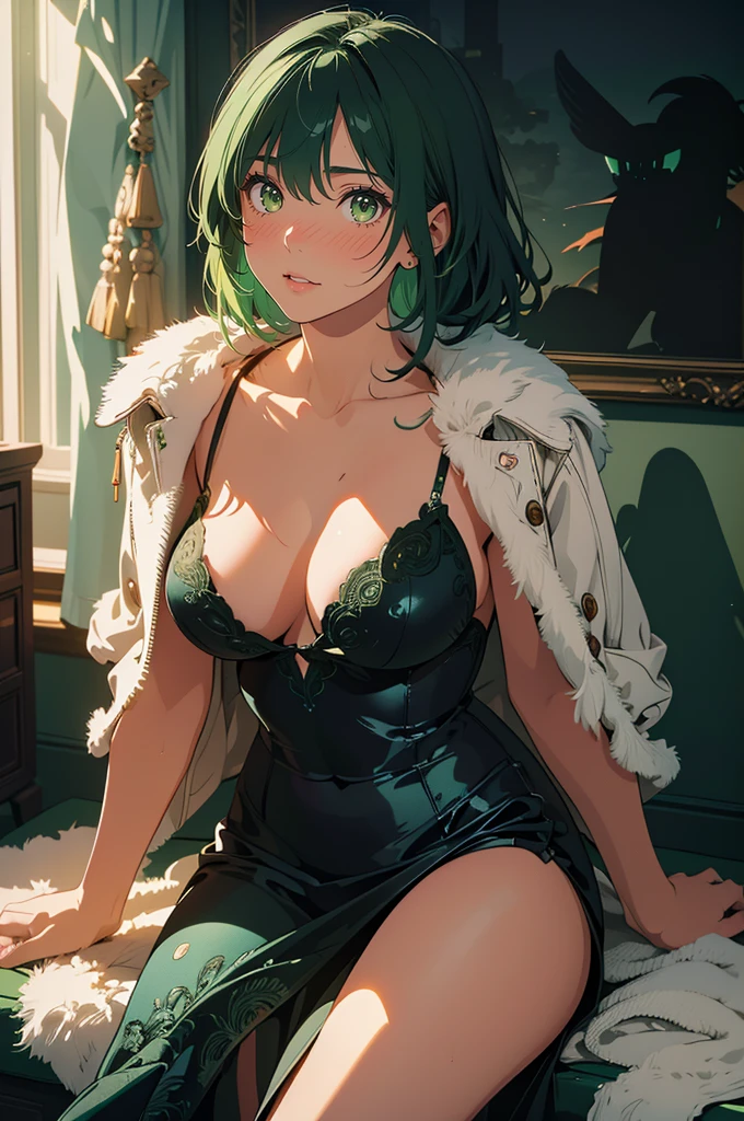 (masterpiece), (best quality), (ultra-detailed), (best illustration), (best shadow), (absurdres), Female, 25 years old, looking at viewer, steam, nsfw, serious, green hair, nose blush,