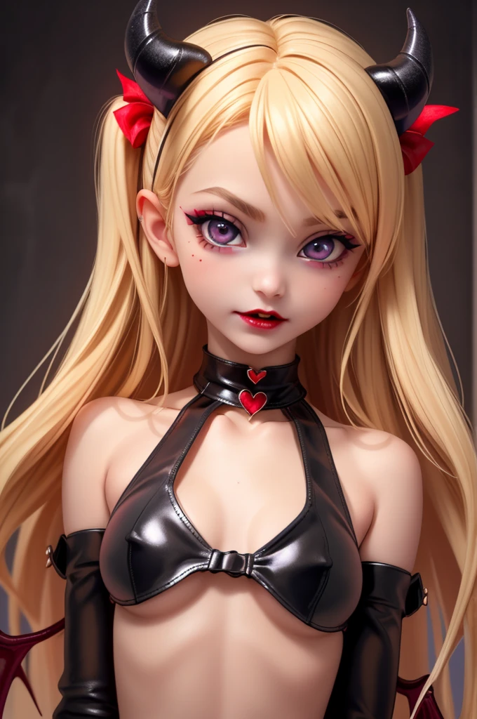 hyperrealistic  demon teen, blonderfect tiny body, sexy, dark makeup, small choker, perfect slim face, big red lips, very cute face, tiny body, big eyes, young looking, childish looking, devil wings on her back, devil horns, devil tail, big tits
