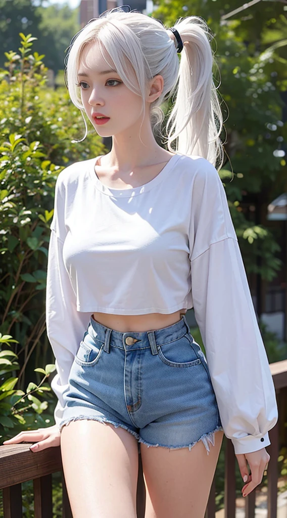 Realistic, high resolution, 1 girl, ponytail white hair, korean, blue eyes, shirt, skinny denim shorts, mid-chest, thin waist, thighs
