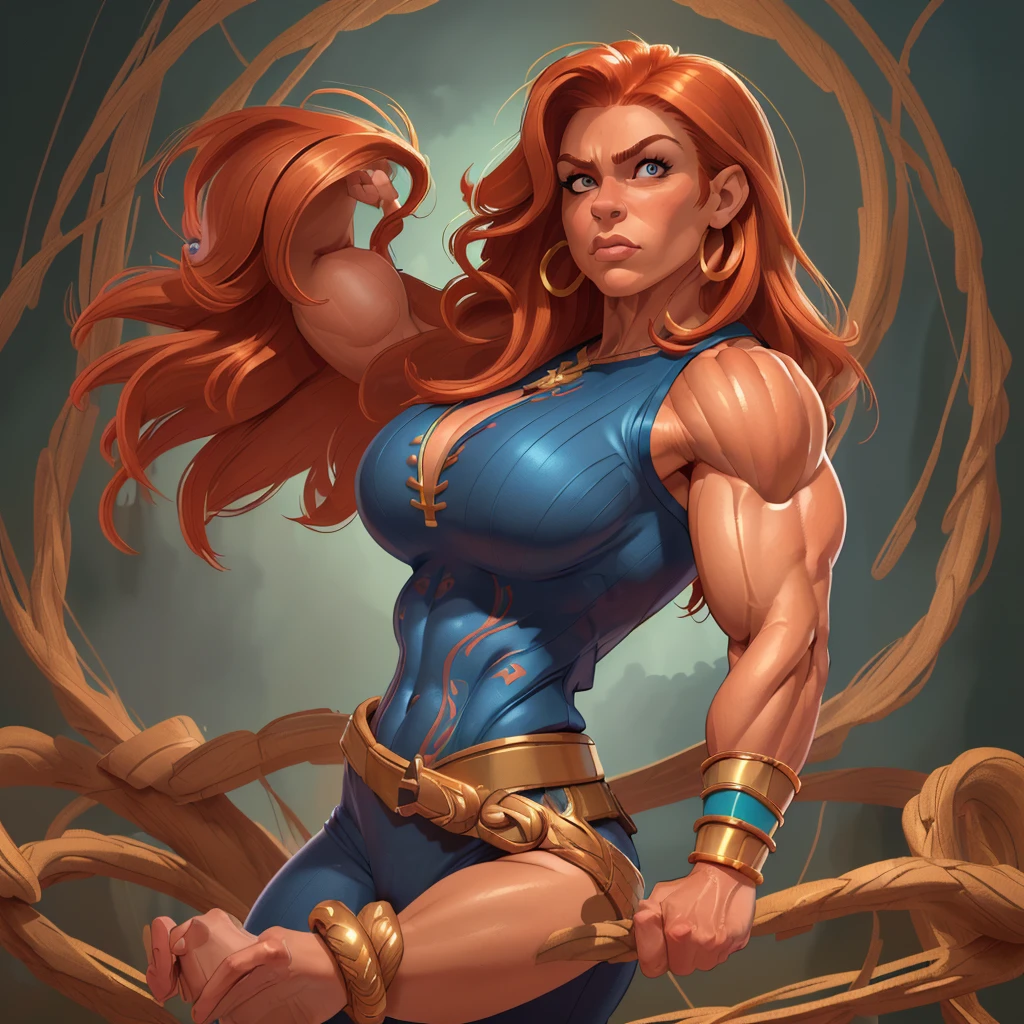 (masterpiece:1.2), (best quality), (ultra detailed), (8k, 4k, intricate),(full-body-shot:1), (highly detailed:1.2),(detailed face:1.2), (detailed background), muscle woman with red blond hair wearing blue top and gold bracelets, muscle woman, big muscles, huge muscles, massive muscles, mature woman


