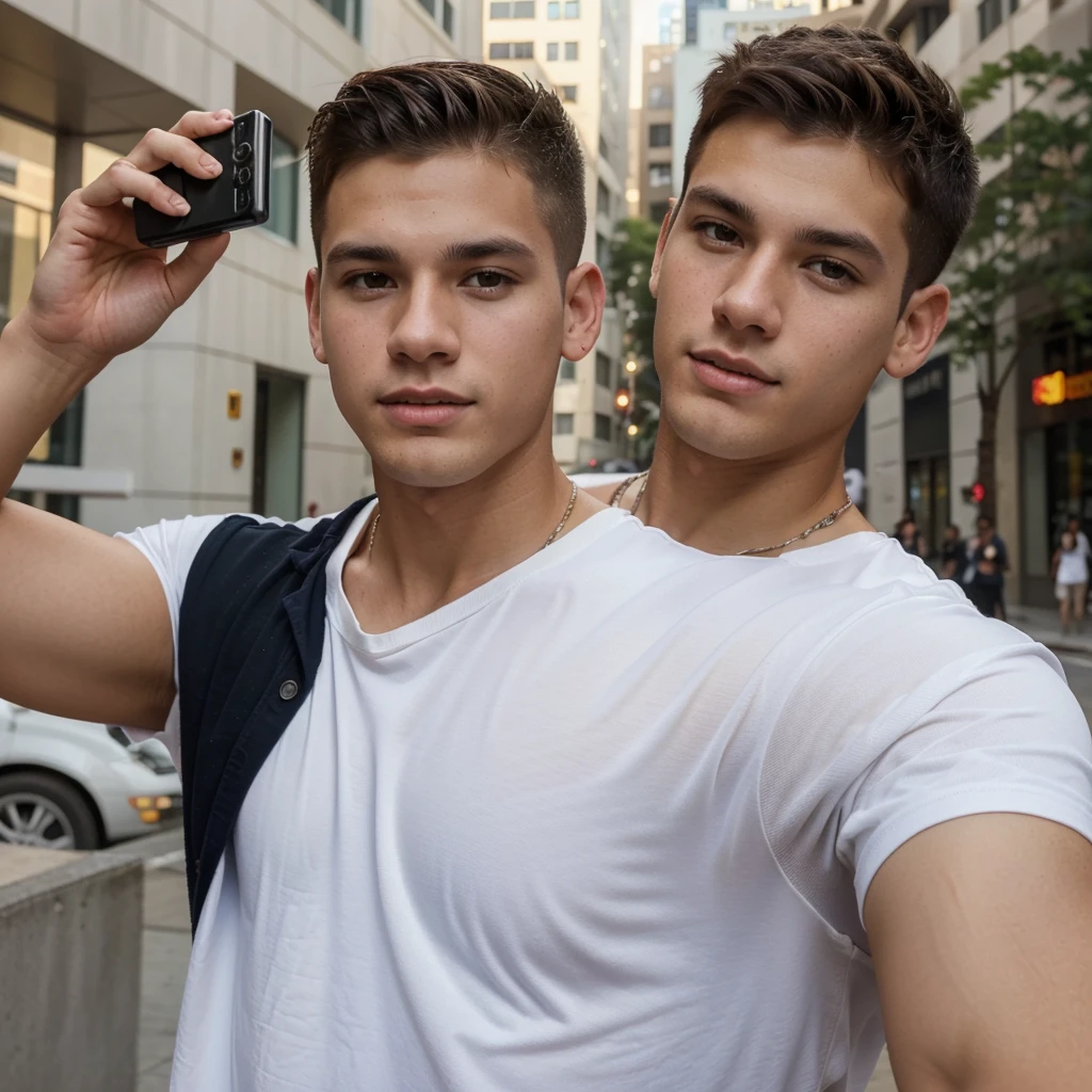 There is a Caucasian white man with brown hair who is taking a selfie in the city., clean shaven, shaved hair, tommy 25 years, Andres Rios, Caio Santos, cute young man, Alejandro, miguel, Christian Orrillo, Teenage boy, 25 years, mateo dineen, Julian Calle, artem, High quality charging