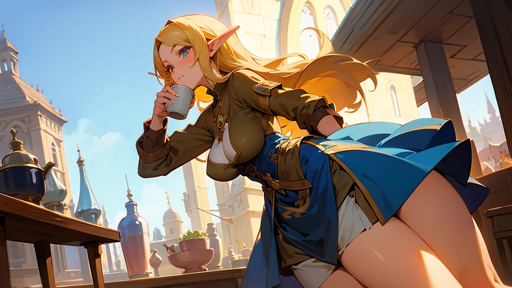 Anime Style,Nostalgic,Detailed background,The medieval world,A lively coffee shop with lots of people,Beautiful sky,Beautiful bard elf girl holding coffee,Large ,Healthy thighs,Protruding buttock
