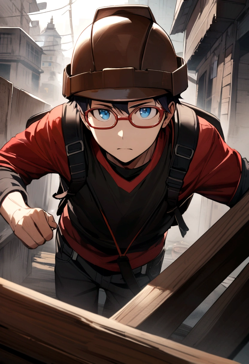 The boy wore a brown helmet with red rim, blue eyes, black-rimmed glasses, a black tank top, a red long-sleeved shirt, and a black backpack.