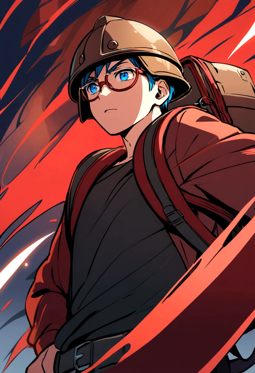 The boy wore a brown helmet with red rim, blue eyes, black-rimmed glasses, a black tank top, a red long-sleeved shirt, and a black backpack.