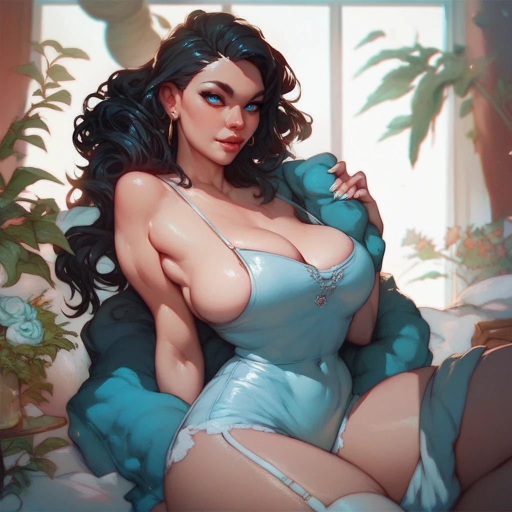 Solo female, Curvy blue eyed girl with long wavy black hair and weighty