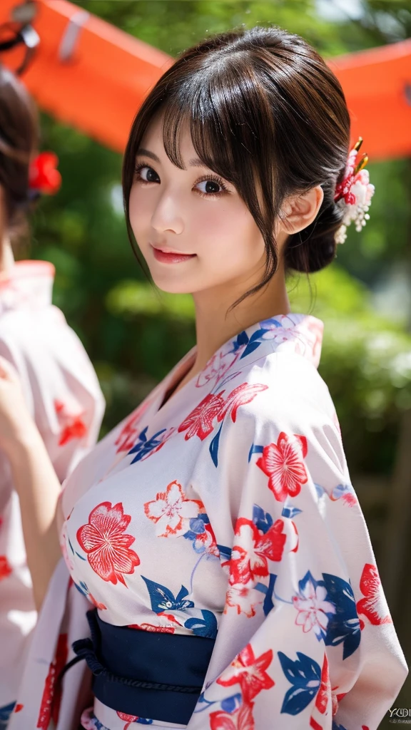 （8k、high resolution、High resolution、Fine details）Beautiful eyelashes、High resolutionの顔、Zoom out、18 years old、 Beautiful detailed eyes、Random cute hairstyles、c cup breasts、yukata、Summer festival、Japan、Standing posture、whole body