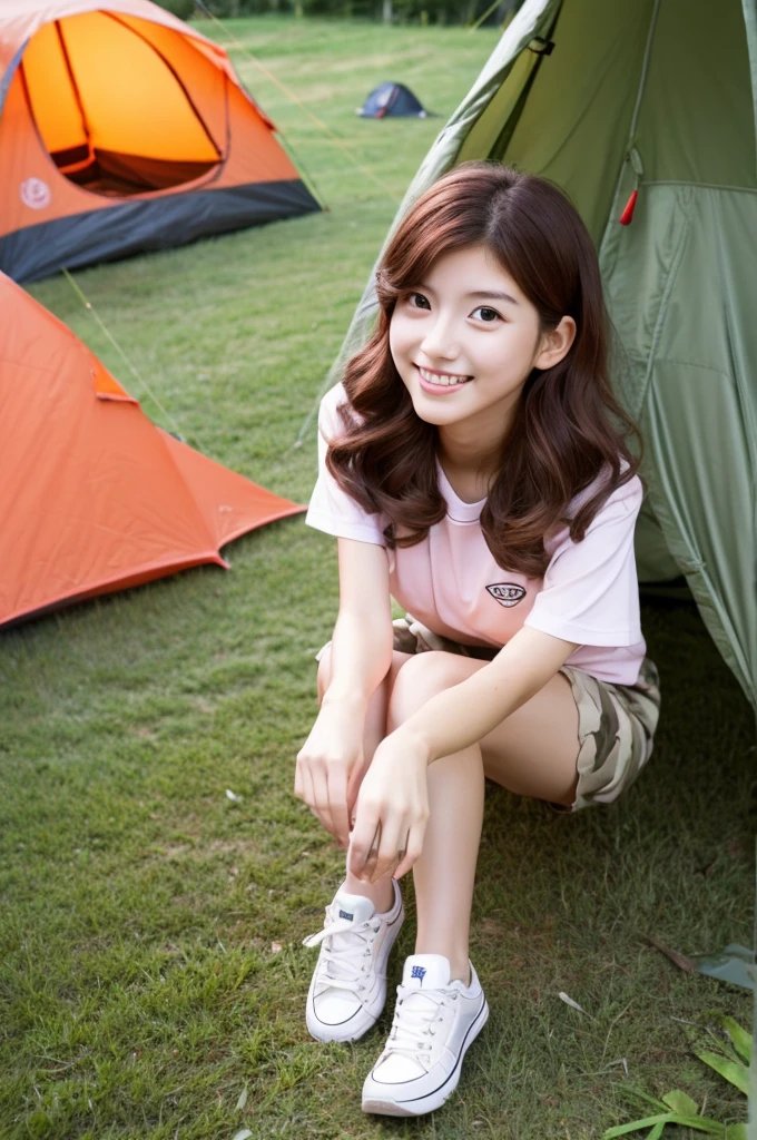 すっぴん、Camping tent, junior high school third grade, ((full body)), ((photo)), ((best qualtiy, 8K, tmasterpiece:1.3)), Focus:1.2, perfect figure beautiful child:1.4, 1, cowboy shot, look at viewer, eyes facing the camera, incredibly absurd, beautiful and cute with a photorealistic face, showcasing top-quality craftsmanship, A Japanese girl gazing at the campfire at a campsite, 15 years old, short hair, wavy and shiny, crimson hair, big eyes, long eyelashes, smiling face, white teeth, round face, small nose, smooth skin, fair skin, red lips, pink cheeks, lively expression, , delicate, well-balanced proportions, slim, 155cm tall, thin limbs, small A-cup breasts, khaki T-shirt, camouflage shorts, sneakers, beautiful girl, younger sister attributes, active, sociable, cheerful, optimistic, brave, curious, August