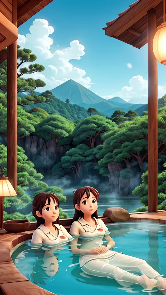 little washcloth, hot spring, little girl, hides body, shy, wet, steamy,