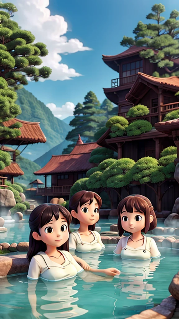 Employees relaxing in the hot springs Ghibli style