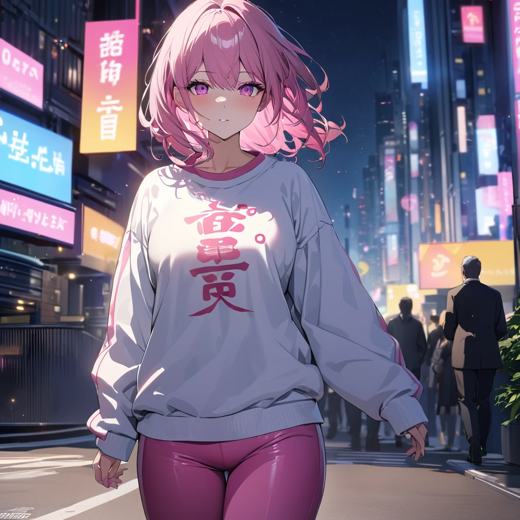 A woman wearing a white sweatshirt with pink kanji writing on the sweatshirt, tight pink pants, mature body, pink sports shoes, hot pink hair, gray fringes, multicolored hair, pink eyes, walking on a sidewalk in a big city, background building, location at night, blue and yellow lighting in the city,,UHD , prime work , accurate , anatomically correct , textured skin , super details , high quality , best quality, 8k, high resolution, bokeh effect. (woman alone)
