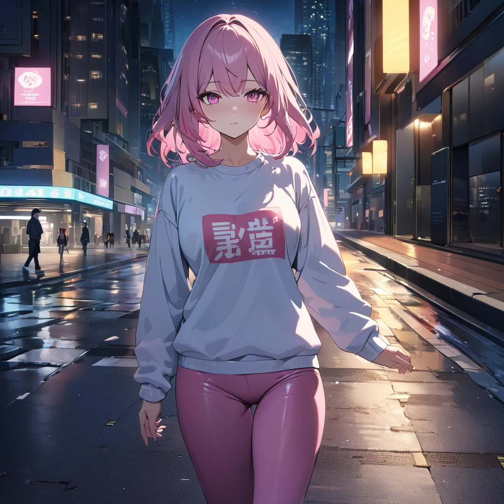 A woman wearing a white sweatshirt with pink kanji writing on the sweatshirt, tight pink pants, mature body, pink sports shoes, hot pink hair, gray fringes, multicolored hair, pink eyes, walking on a sidewalk in a big city, background building, location at night, blue and yellow lighting in the city,,UHD , prime work , accurate , anatomically correct , textured skin , super details , high quality , best quality, 8k, high resolution, bokeh effect. (woman alone)
