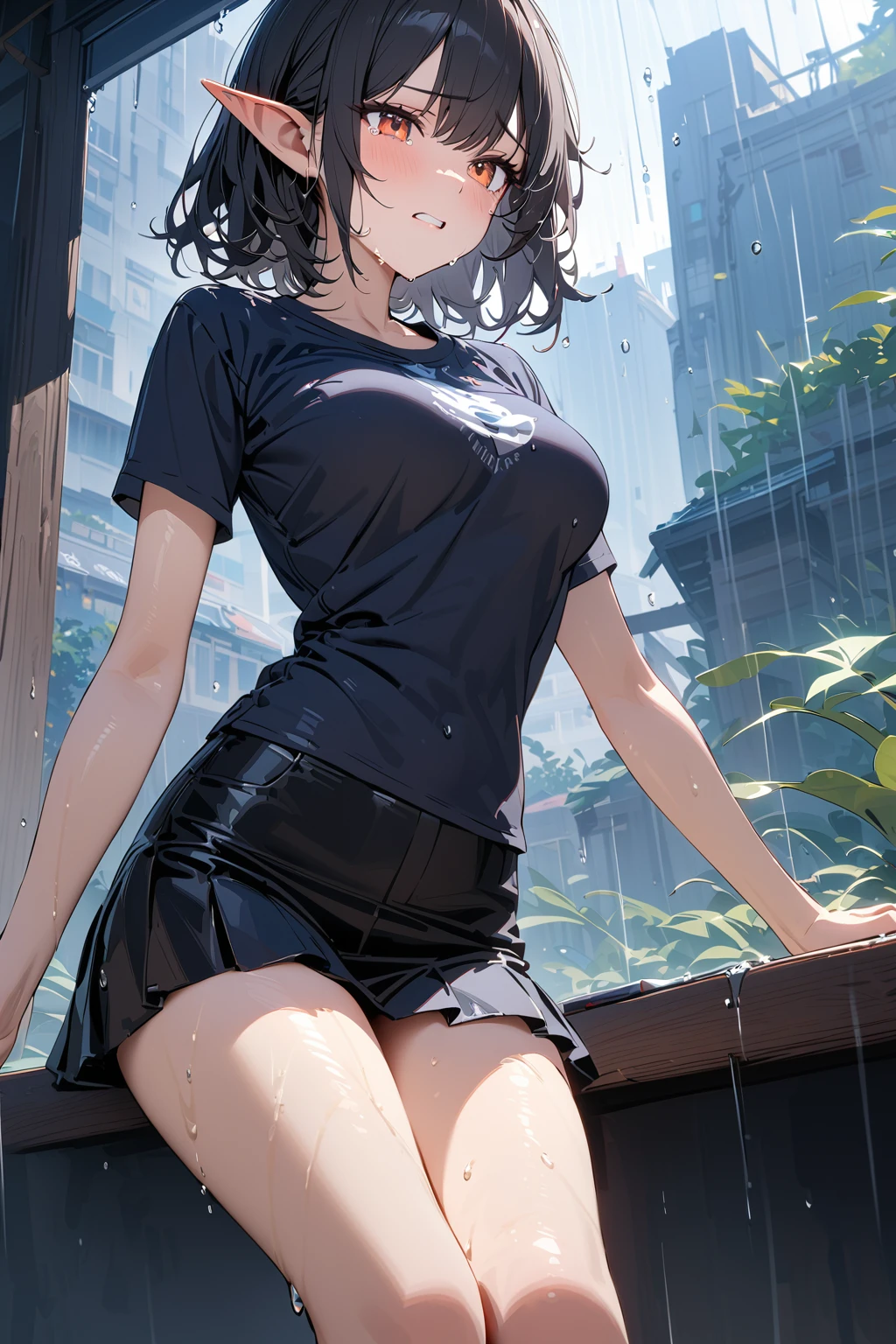 (masterpiece, best quality:1.5), (ultra detailed, high resolution, 8k, beautiful detailed, UHD, best anatomy), black hair, medium breasts, 1 cool elf, long Y-shirt, frill short skirt, Leggings, crying, It's raining, Rain soaked my whole body and clothes
