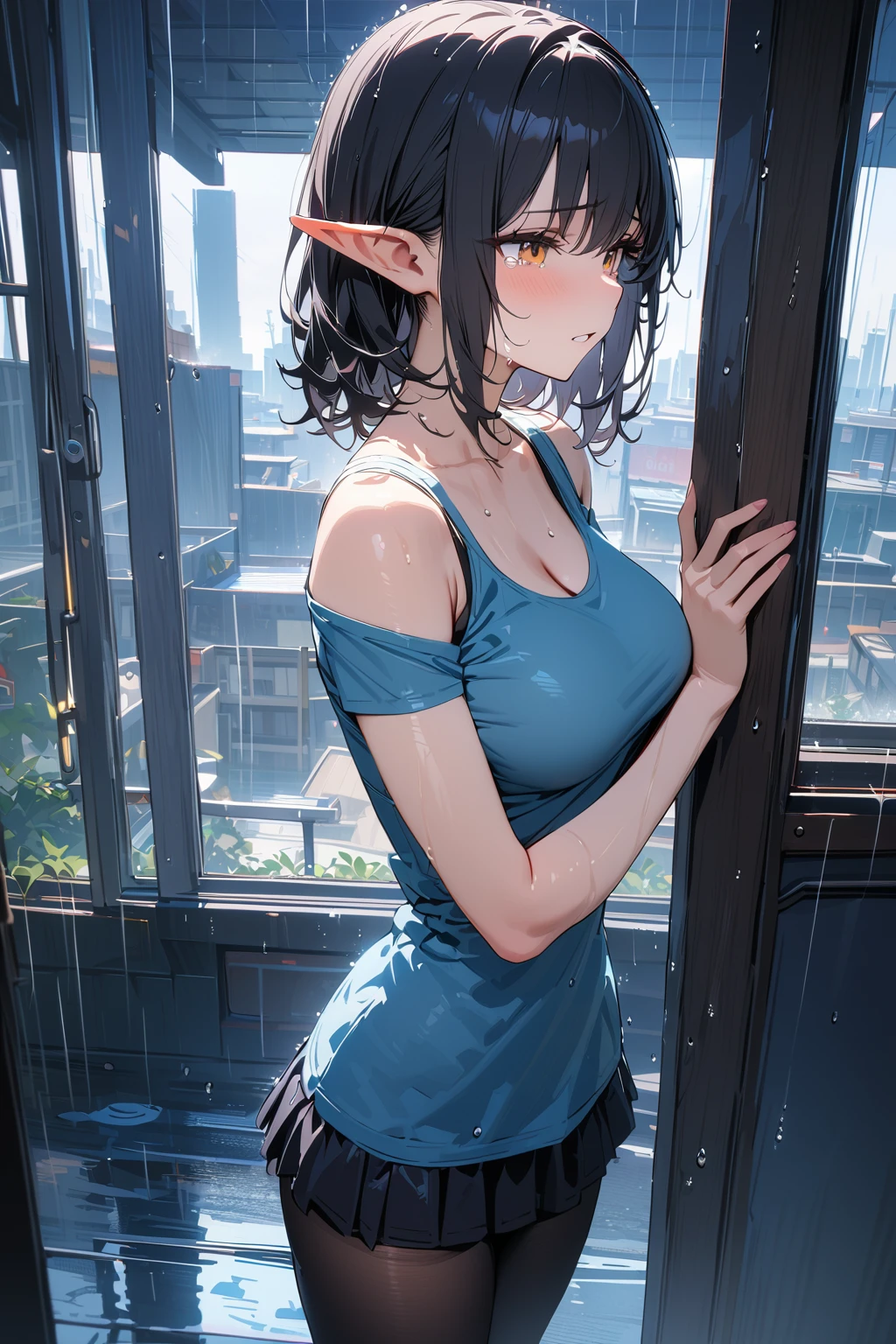 (masterpiece, best quality:1.5), (ultra detailed, high resolution, 8k, beautiful detailed, UHD, best anatomy), black hair, medium breasts, 1 cool elf, long Y-shirt, frill short skirt, Leggings, crying, It's raining, Rain soaked my whole body and clothes