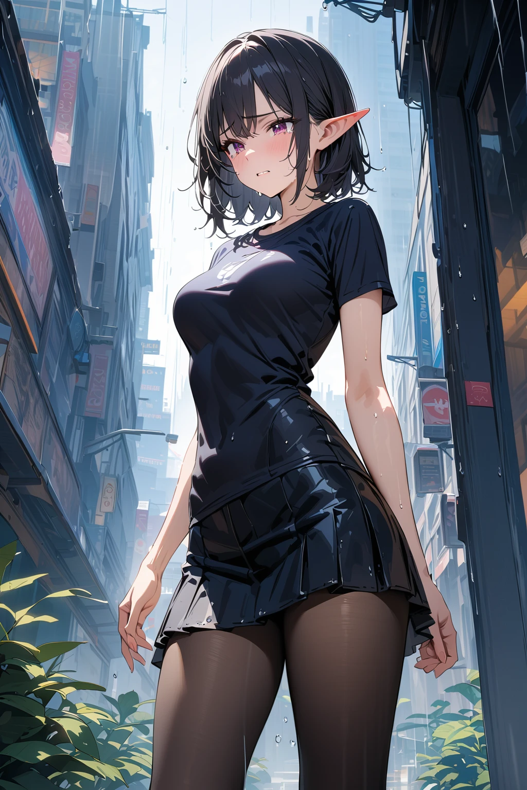 (masterpiece, best quality:1.5), (ultra detailed, high resolution, 8k, beautiful detailed, UHD, best anatomy), black hair, medium breasts, 1 cool elf, long Y-shirt, frill short skirt, Leggings, crying, It's raining, Rain soaked my whole body and clothes