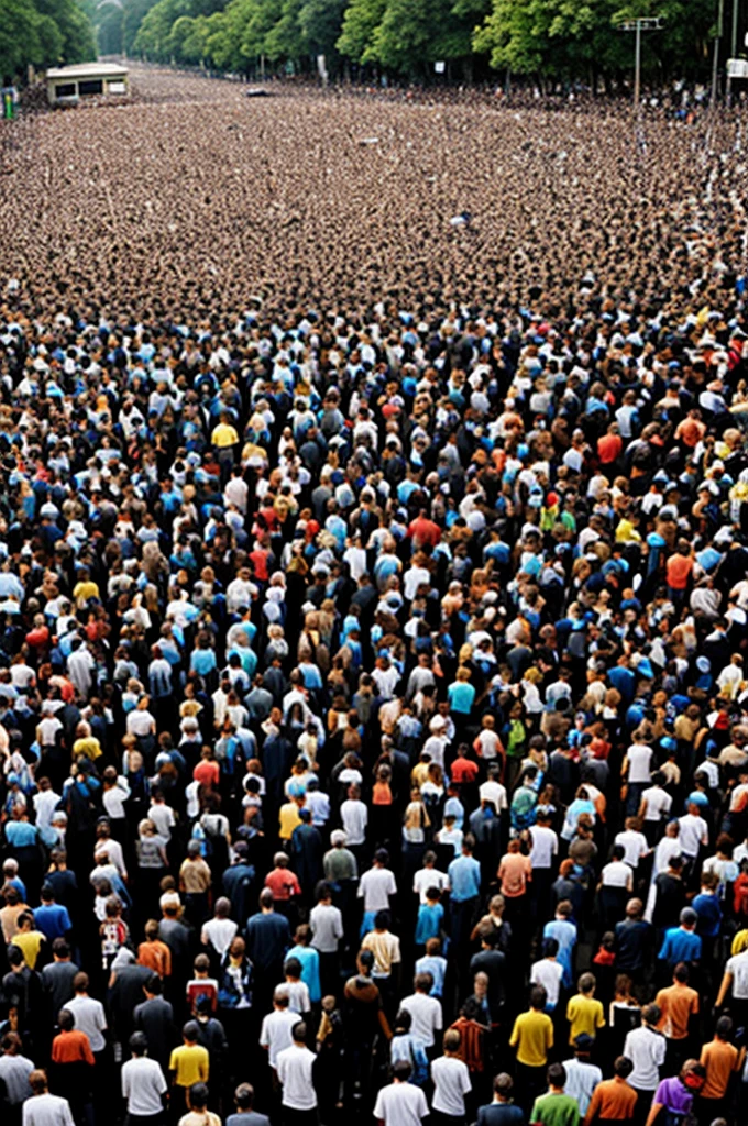 (massive crowd of people filling the frame, thousands of faces, shoulders and bodies, tightly packed, gazes upward),(realistic, high-resolution:1.2), (bright white sky, white ground),(bird's-eye view)