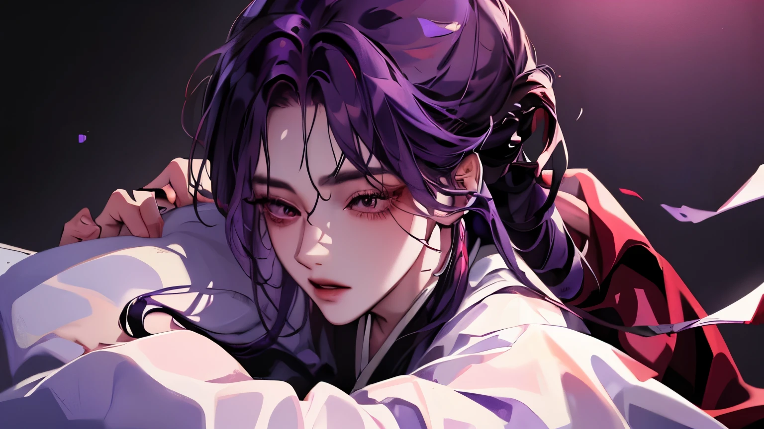 A dead woman with blindfold on and her purple hair loose and is wearing hanfu clothing as she is being hugged, and a handsome man with a huge build wearing black hands clothing and has long black hair and red eyes is the on holding the women