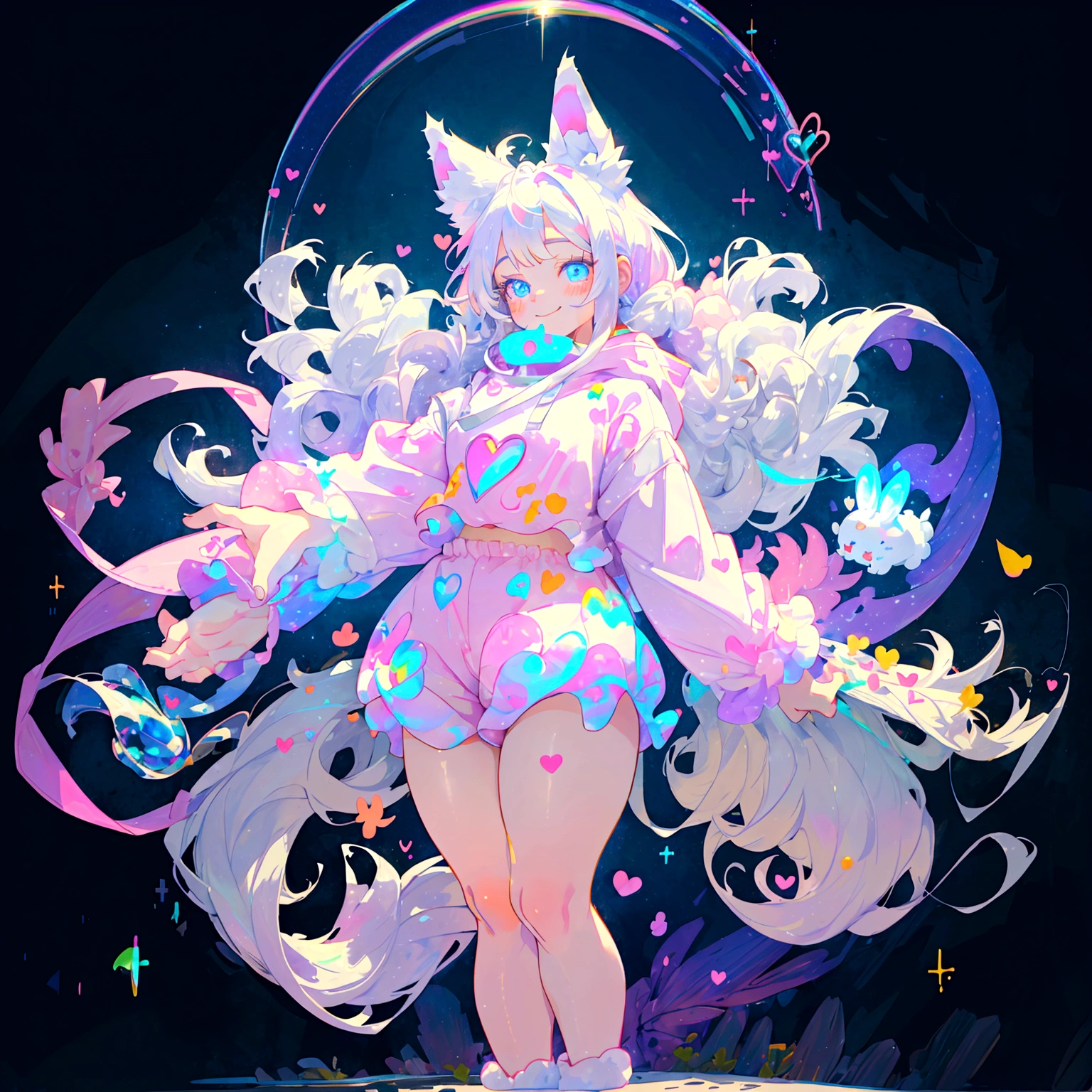 a cute adult male with wolf ears, long white hair, long locks, has a wolf tail, thick thighs, wide hips, short, wearing pink romper with a hood and pink shorts, has heart on chest, has bunny ears on hood, very slim, showing slender tummy, squishy thighs, has glowing blue eyes. alone, solo (ALONE)(SOLO), surrounded by rainbows, colorful galaxy backround, smiling, ontop of a pile of fluffy plushes, plushies everywhere, kawaii plushies, surrounded by bubbles, surrounded by rainbow leaves, standing up dancing, thicc thighs, stretching out