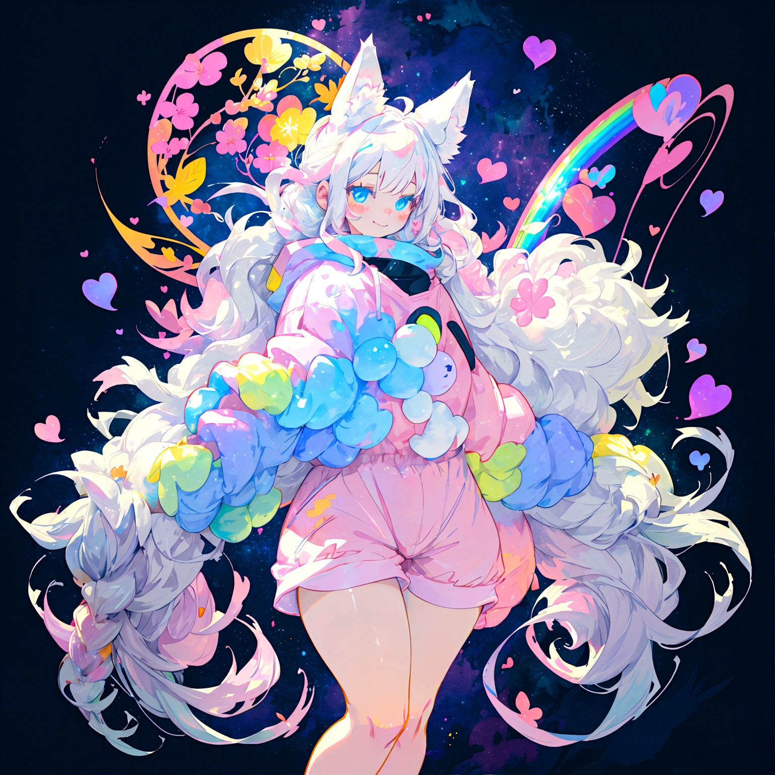 a cute adult male with wolf ears, long white hair, long locks, has a wolf tail, thick thighs, wide hips, short, wearing pink romper with a hood and pink shorts, has heart on chest, has bunny ears on hood, very slim, showing slender tummy, squishy thighs, has glowing blue eyes. alone, solo (ALONE)(SOLO), surrounded by rainbows, colorful galaxy backround, smiling, ontop of a pile of fluffy plushes, plushies everywhere, kawaii plushies, surrounded by bubbles, surrounded by rainbow leaves, standing up dancing, thicc thighs, stretching out