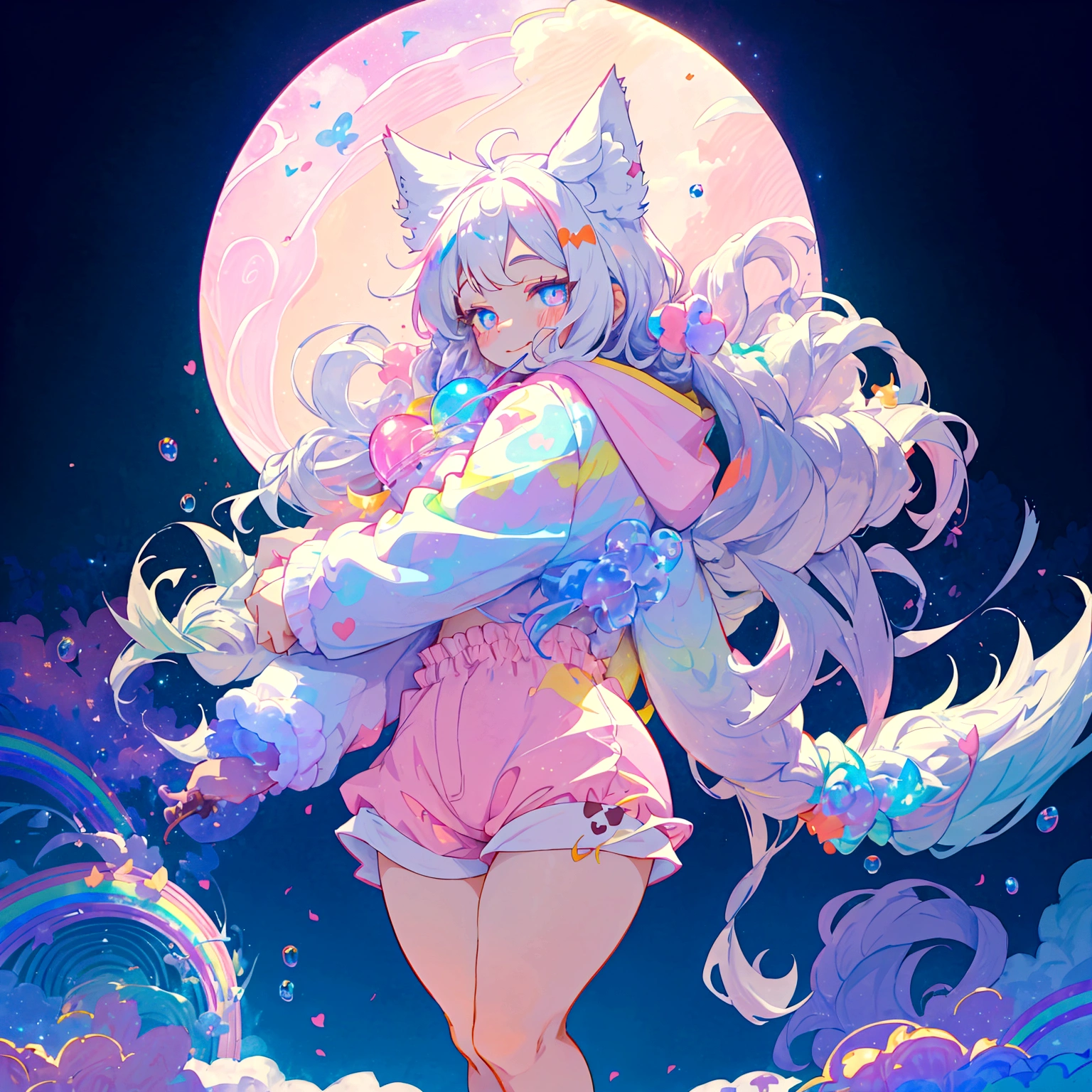 a beautiful 20 year old blonde woman with big messy hair, laying on a fluffy cloud in the sky, fluffy clouds cover her nude body, full body, with glowing moon and twinkling stars, with a small cityscape below, fantasy art style, rossdraws cartoon vibrant , cute detailed digital art, colorfull digital fantasy art, digital fantasy art ), glossy digital painting, rossdraws pastel vibrant, rossdraws 2. 5, rossdraws 1. 0
