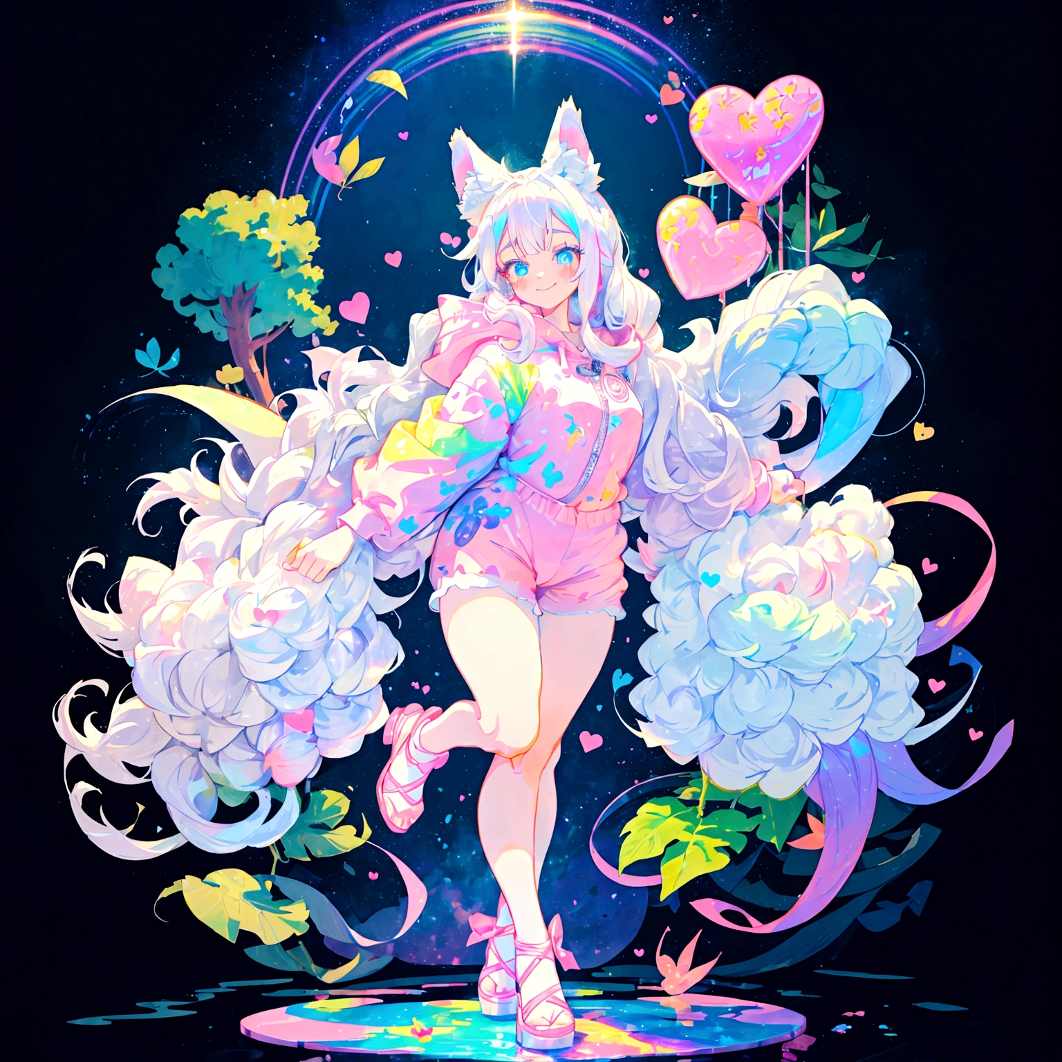 a cute adult male with wolf ears, long white hair, long locks, has a wolf tail, thick thighs, wide hips, short, wearing pink romper with a hood and pink shorts, has heart on chest, has bunny ears on hood, very slim, showing slender tummy, squishy thighs, has glowing blue eyes. alone, solo (ALONE)(SOLO), surrounded by rainbows, colorful galaxy backround, smiling, ontop of a pile of fluffy plushes, plushies everywhere, kawaii plushies, surrounded by bubbles, surrounded by rainbow leaves, standing up dancing, thicc thighs, stretching out