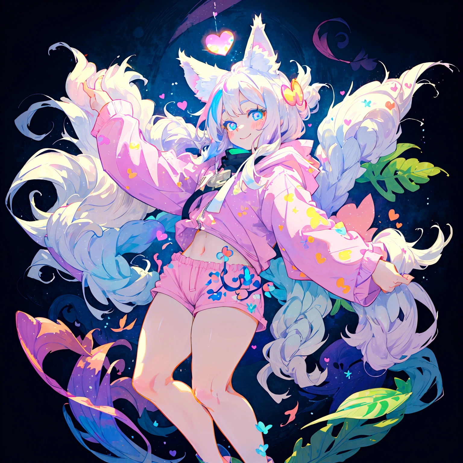 a cute adult male with wolf ears, long white hair, long locks, has a wolf tail, thick thighs, wide hips, short, wearing pink romper with a hood and pink shorts, has heart on chest, has bunny ears on hood, very slim, showing slender tummy, squishy thighs, has glowing blue eyes. alone, solo (ALONE)(SOLO), surrounded by rainbows, colorful galaxy backround, smiling, ontop of a pile of fluffy plushes, plushies everywhere, kawaii plushies, surrounded by bubbles, surrounded by rainbow leaves, standing up dancing, thicc thighs, stretching out