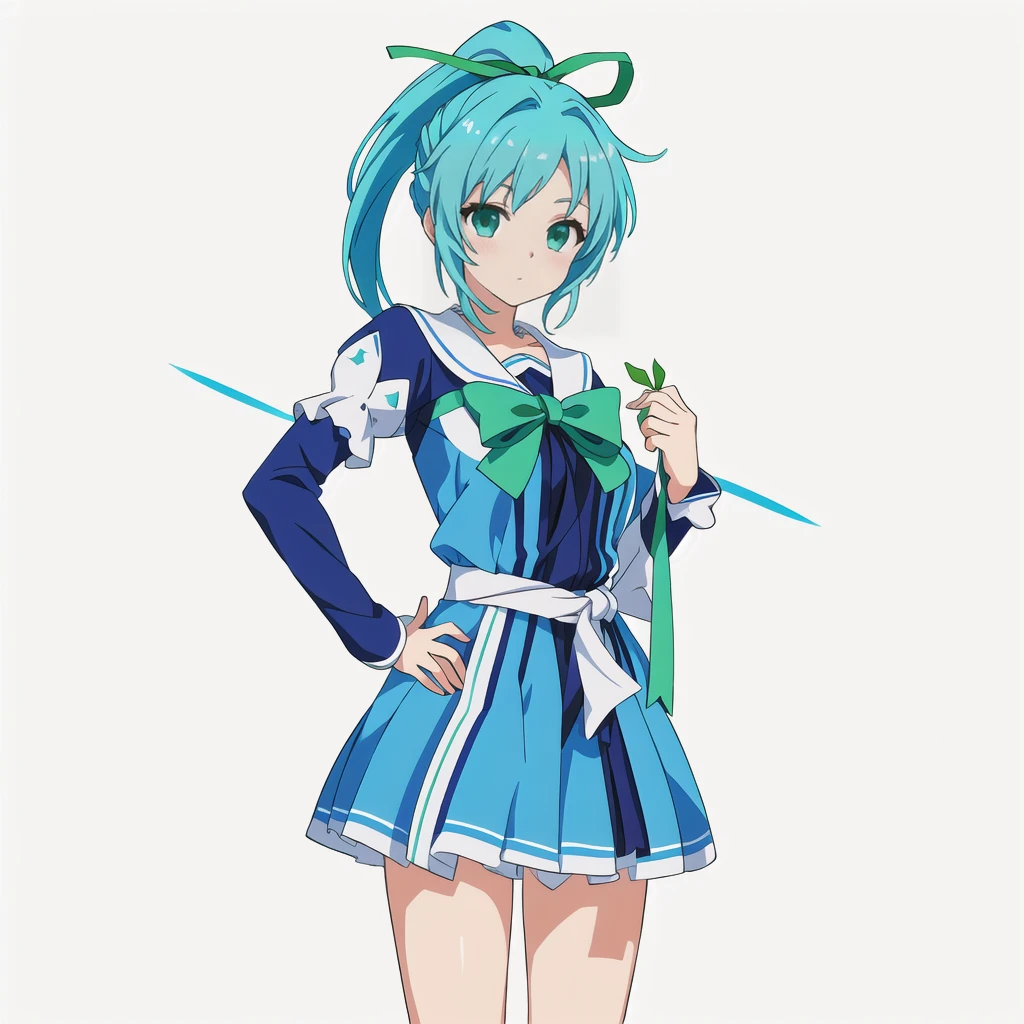Highest quality, high resolution, High quality anime art style, Official Art, Smooth anime CG art, Stylized anime, Cute 3D anime girl render, Visual Novel Sprites, White background, whole body, Anime-style 3D, Smooth anime CG art, humanoid woman, JRPG Characters, Magical Girl Style, Anime woman in a blue dress with green ribbon, Turquoise Hair, ponytail, Neat hairstyle, tall, He holds a magic bow in his left hand., 20-year-old, 
