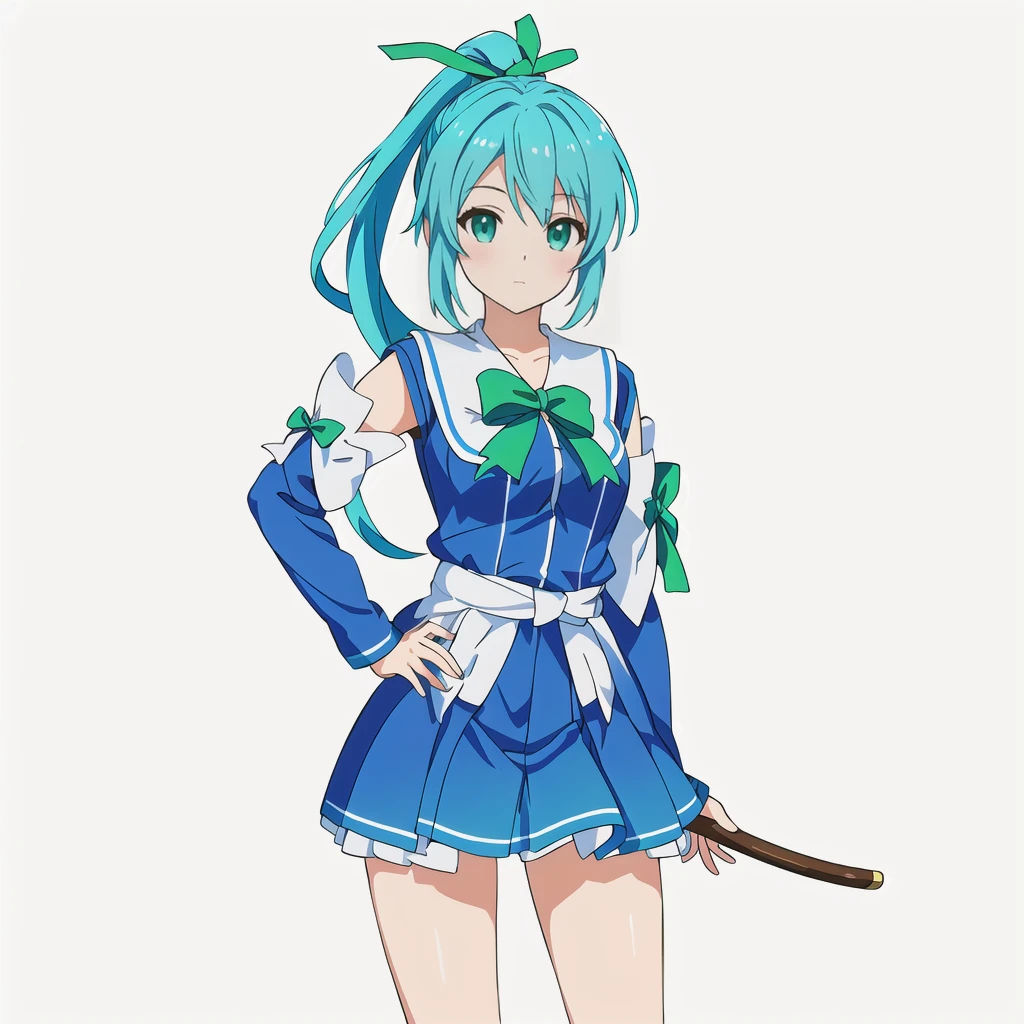 Highest quality, high resolution, High quality anime art style, Official Art, Smooth anime CG art, Stylized anime, Cute 3D anime girl render, Visual Novel Sprites, White background, whole body, Anime-style 3D, Smooth anime CG art, humanoid woman, JRPG Characters, Magical Girl Style, Anime woman in a blue dress with green ribbon, Turquoise Hair, ponytail, Neat hairstyle, tall, He holds a magic bow in his left hand., 20-year-old,