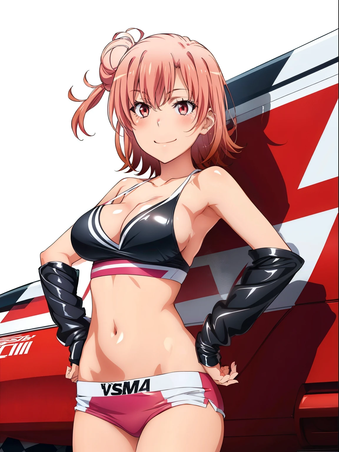 ((masutepiece, Best Quality, hight resolution, nffsw, Perfect Pixel, depth of fields, 4K, )), 1girl in, Solo, , Beautiful anime girl, Beautiful Art Style, close up, Looking at Viewer, Perfect body, Yuigahama Yui, Short hair, single hair bun, pink hair, (large boob), Full face blush, Smile, thighs thighs thighs thighs, tiara, race queen, wink, winking, one eye open, tube top, cleavage, hands on hips, white background, cowboy shot, Focus,