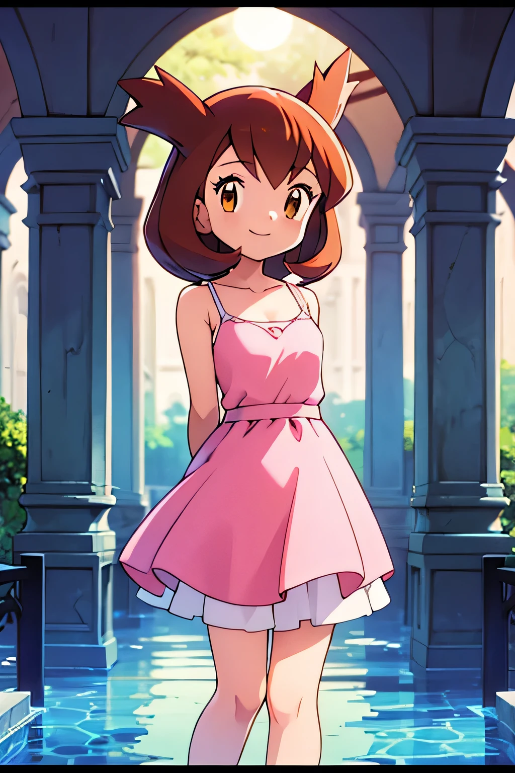 masterpiece, best quality, ultra-detailed, illustration, beautiful detailed eyes, very detailed illustration, cinematic lighting, 1 girl, solo, Pokemon Heroes (Bianca), Brown Hair, brown eyes, 1 girl, solo, sleeveless, collarbone, Pink Camisole dress, pink dress, intricate details, sharp focus, high resolution, the background of beautiful garden with columns, on a beautiful night, full moon, smile, standing near a water pool on the bottom, arms behind back, anime style, ultra-detailed, hdr, far at the bottom, in the center, Close up, her feet on the water