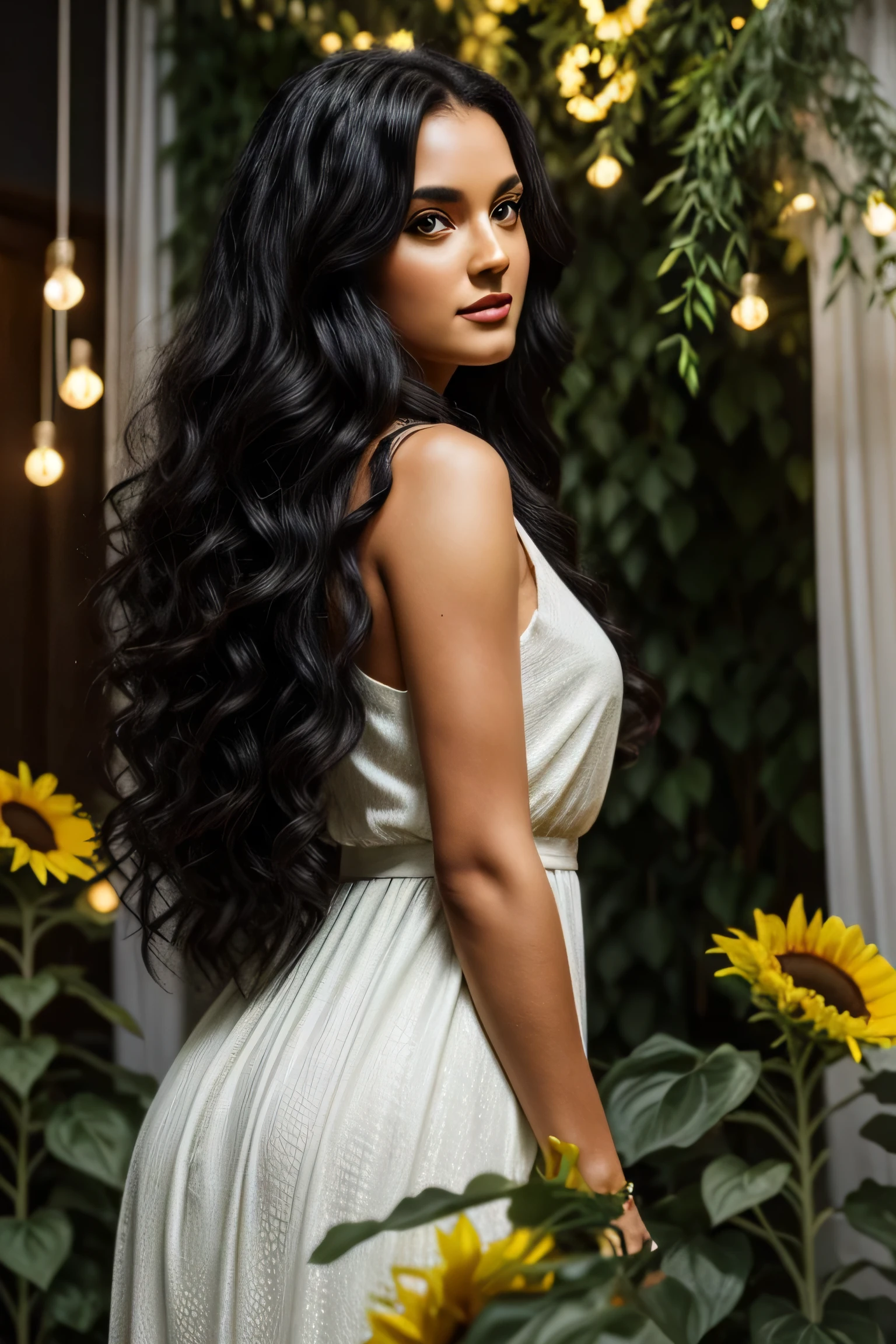 woman, long curly black hair, white dress, in a room with green branches and sunflowers, jojo position, looking at the camera, in the background a tree with hanging lights, photorealistic