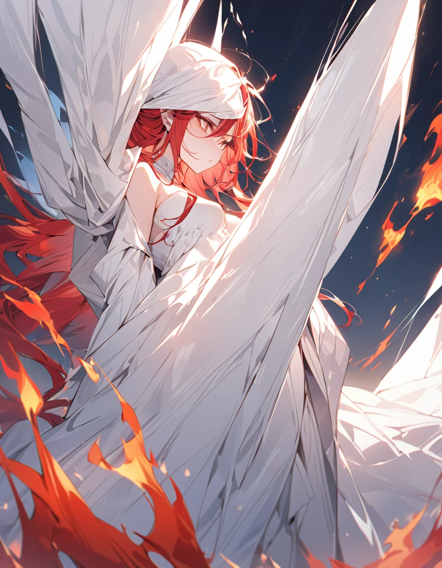 masterpiece Detailed description A woman with very long red hair Very intense flames all over Spell