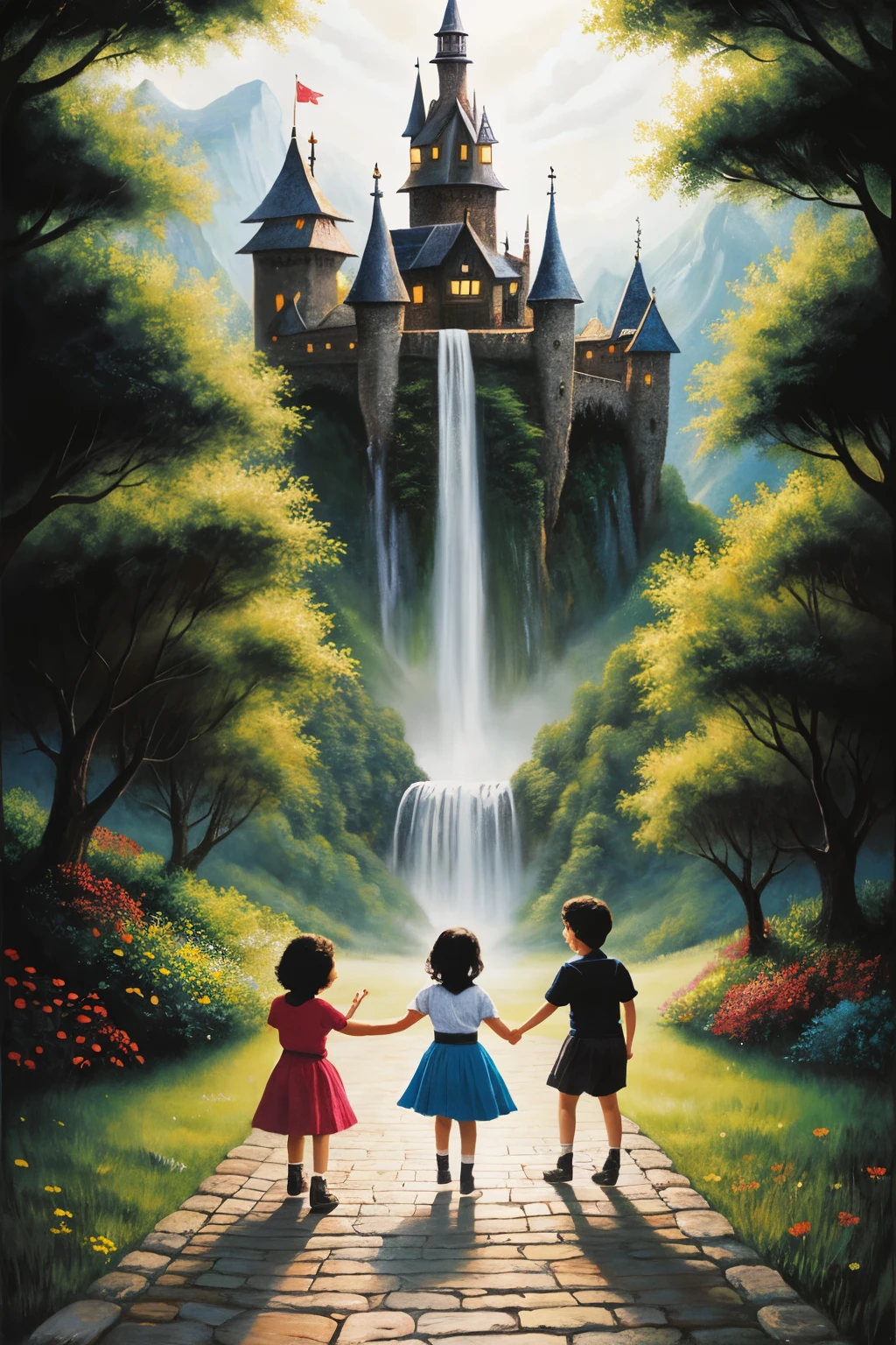 Fantasy illustration for book with two 5 year old short black haired girls and a 10 year old pretty short black haired boy going on adventure