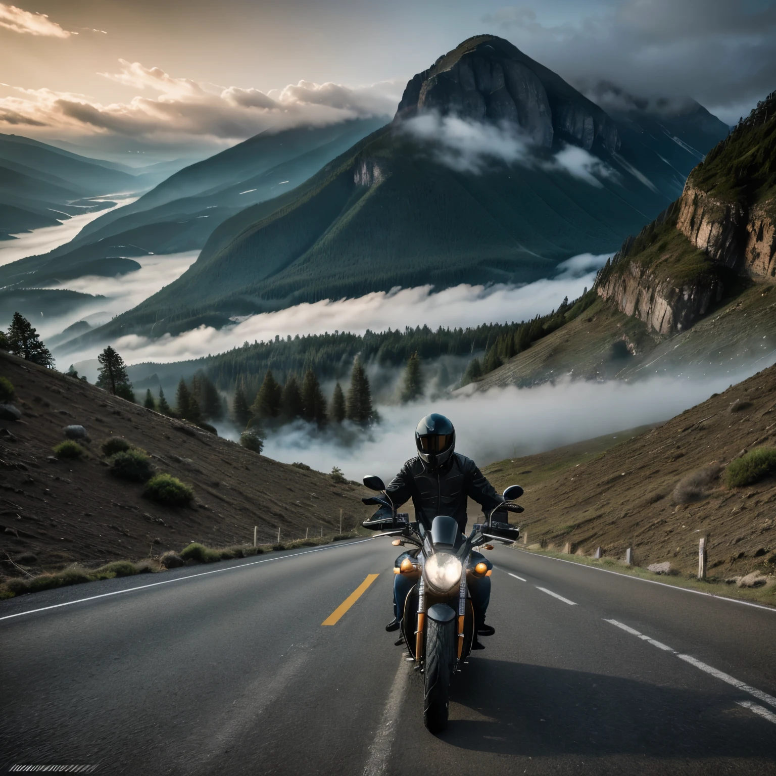 A man riding a motorcycle on a winding mountain road, dramatic lighting, cinematic, hyperrealistic, intricate details, 8K, (best quality,4k,8k,highres,masterpiece:1.2),ultra-detailed,(realistic,photorealistic,photo-realistic:1.37),HDR,UHD,studio lighting,ultra-fine painting,sharp focus,physically-based rendering,extreme detail description,professional,vivid colors,bokeh,mist,dramatic shadows,epic landscape,moody atmosphere,journey,adventure,freedom,motorcycle enthusiast
