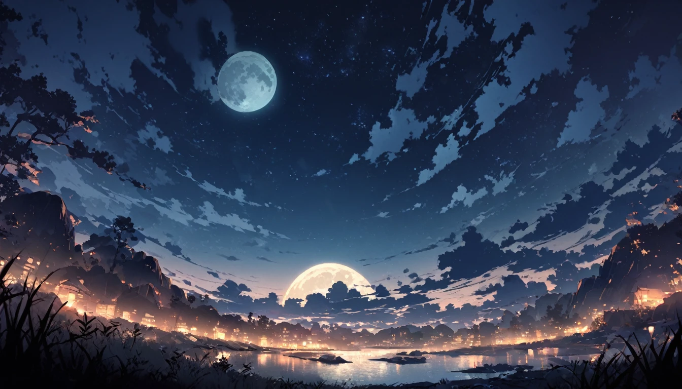 1 male, night, night景, landscape, moon