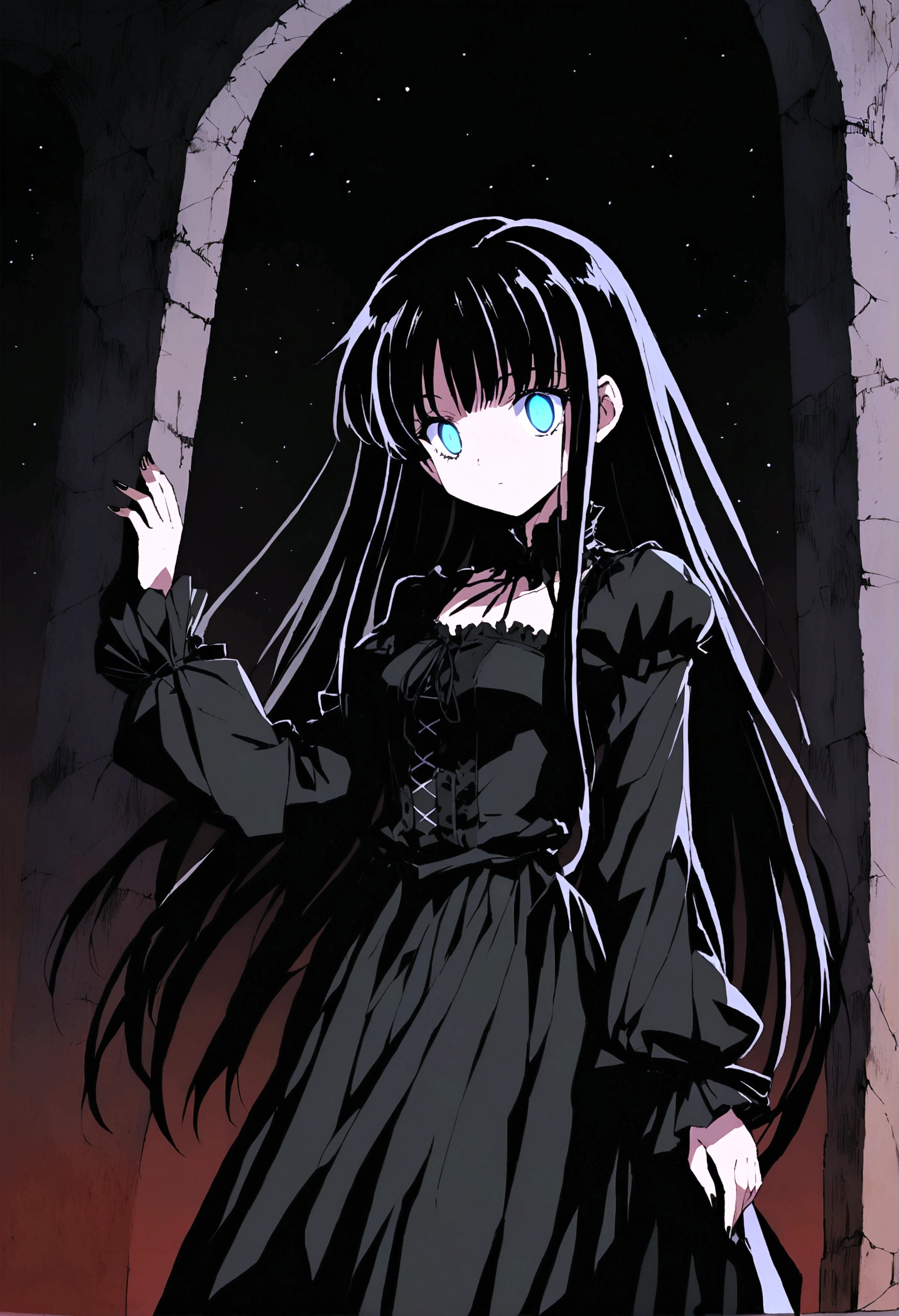 Anime girl with long black hair and blue eyes, Anime Moe Art Style, Gothic maiden anime girl, Gap Moe Yandere Grim Dark, Anime girl in a black dress, Ghostly eyes and dark hair, 1 7 - Year Old Anime Goth Girl, ufotable's art style, by Hitoshi Homura, Fate-like anime style/Stay Night, Long Hair Anime Girl In the ruins Decadent dark Gothic Horror