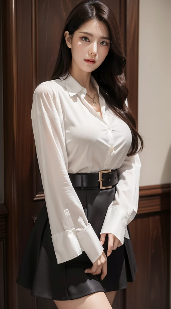 (Best quality, High resolution, Masterpiece :1.3), A tall and pretty woman, Slender abs, Dark brown hair styled in loose waves, Breasts, Wearing pendant, White button up shirt, Belt, Black skirt, (Modern architecture in background), Details exquisitely rendered in the face and skin texture, Detailed eyes, Double eyelid