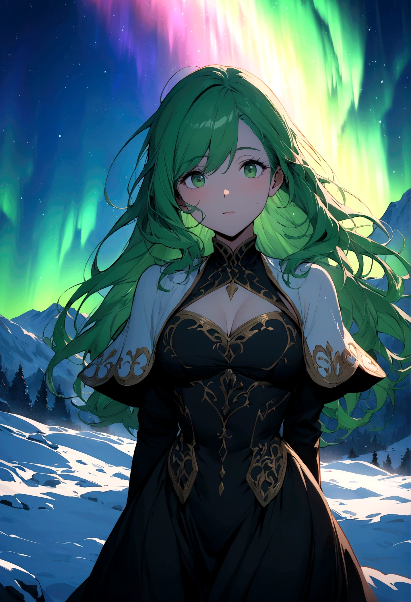 (masterpiece:1.4), (Best quality:1.4), (high resolution:1.4), long hair, black tunic, Anna in Arendelle, surprise, looking at the audience, outdoor, detailed facial features, intricate dress design, lush green scenery, snow-capped mountains, magical aurora, dramatic lighting, cinematic composition