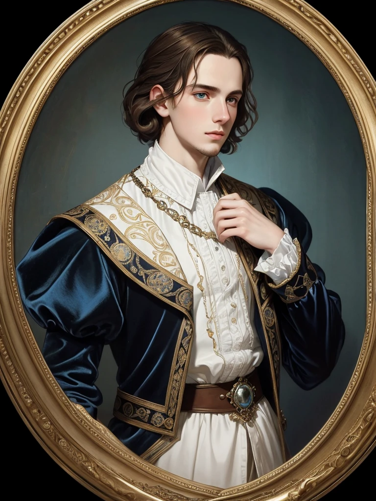 Portrait of young Christopher Marlowe, piercing blue eyes, white skin, clean shaved, sharp jawline, silky golden-brown hair, clothes of Elizabethan era, black velvet doublet, white laced shirt, realism, high quality, Mucha style, Mucha background